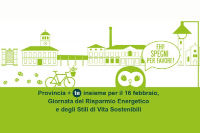 Grafica dell'iniziativa: skyline Provincia, bicicletta e gufo che suggerisce di spegnere la luce